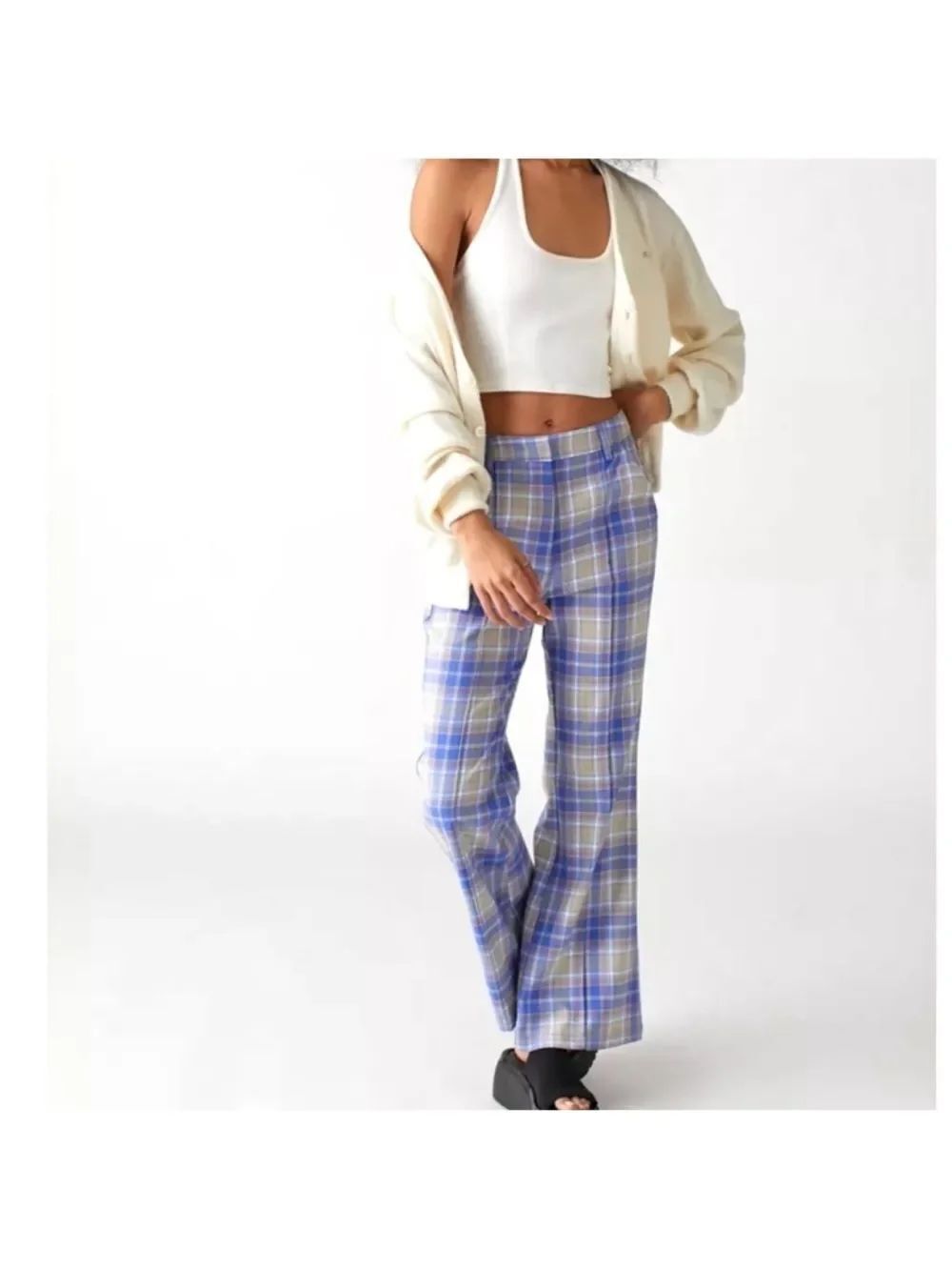 Urban Outfitters Isabella Blue Plaid Flare Leg High Rise Pants Size 4